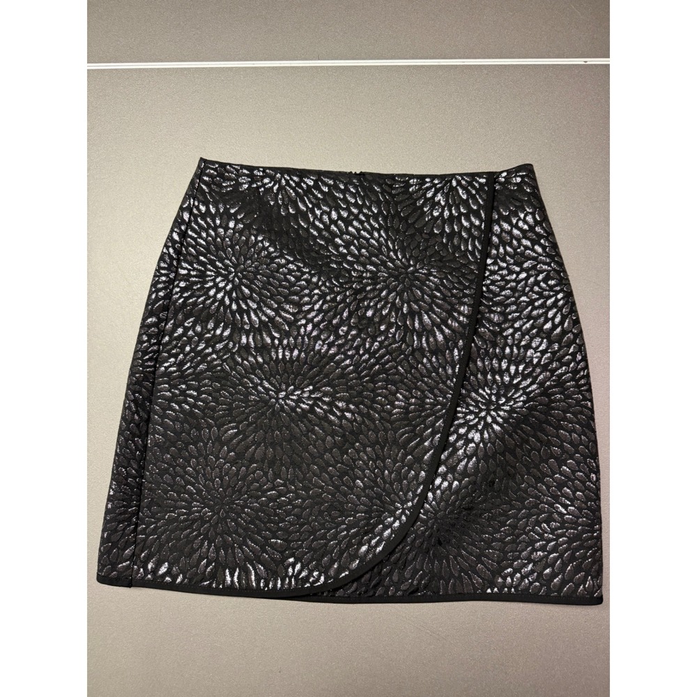 Loft Petites Black Silver Metallic Floral Faux Wrap Mini Skirt 2P holiday party
